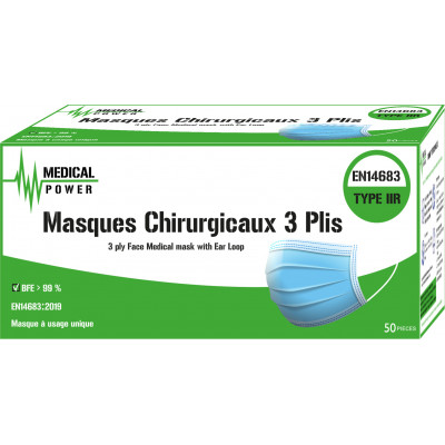 Masque Chirurgical 3 plis - Boite de 50